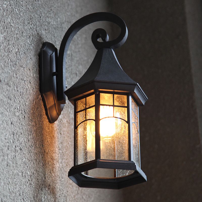 Seeded Glass Pavilion Sconce Light Farmhouse 1 Light Outdoor Wall Mount Lamp in Black/Bronze with Open Bottom Design