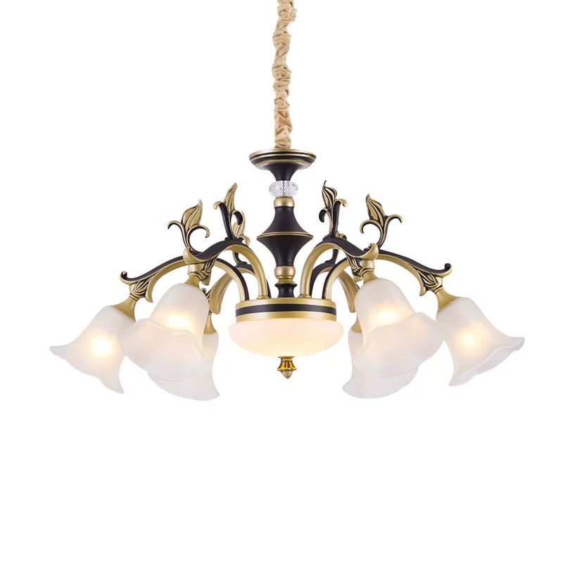 Metallic zwart-gouden gesuspendeerde verlichtingsarmatuur curvy arm 6/8-licht traditionele stijl kroonluchter met bloemglasschaduw