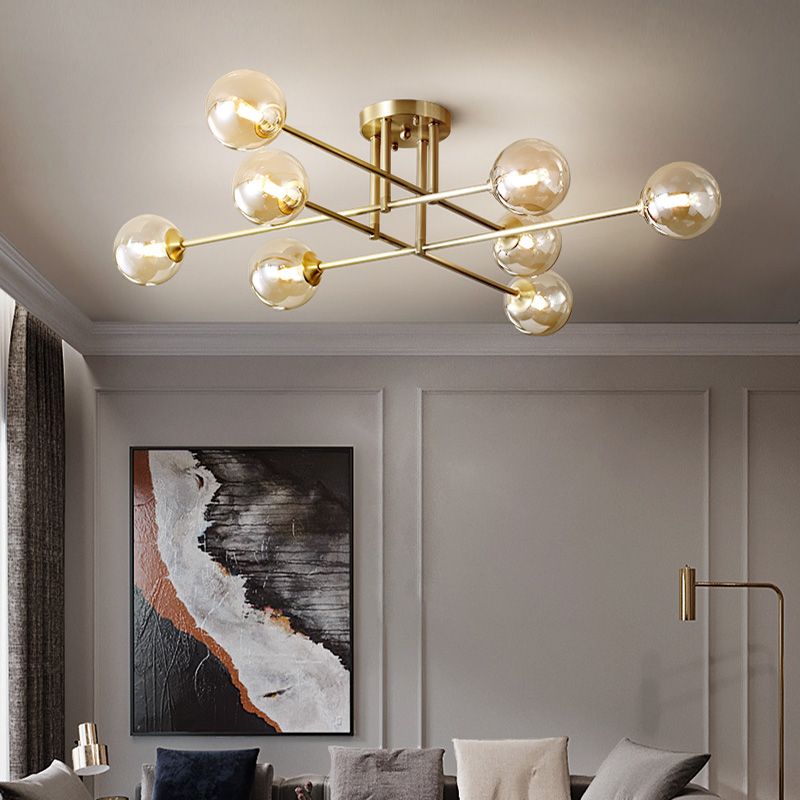 Gold Globe Semi-Flush Light Fixture Modern Glass Shade Ceiling Lamp Fixture