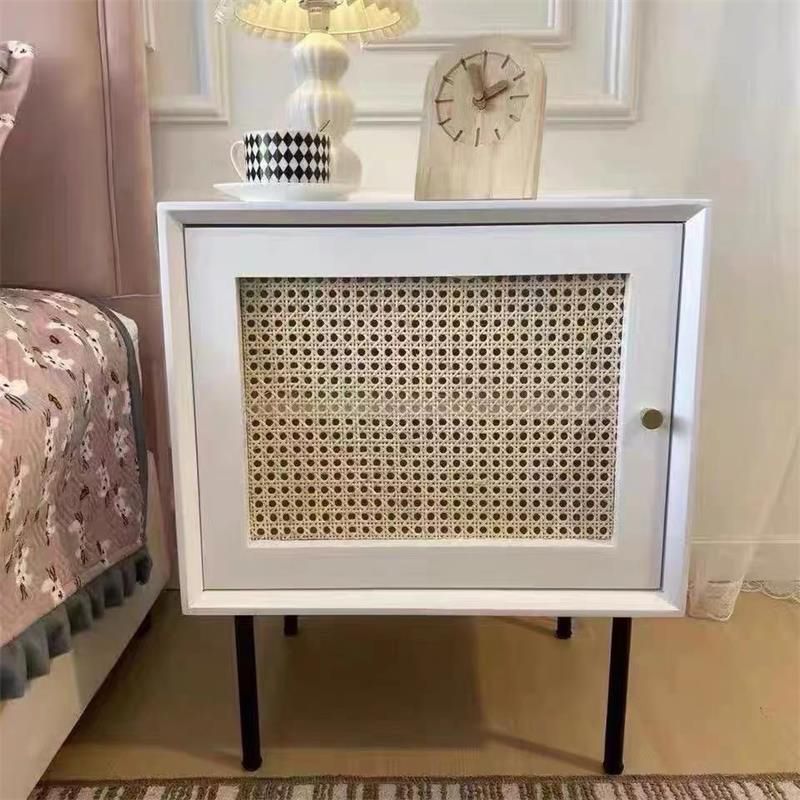 Pine and Rattan Bed Nightstand Contemporary Bedside Cabinet with 1 Door