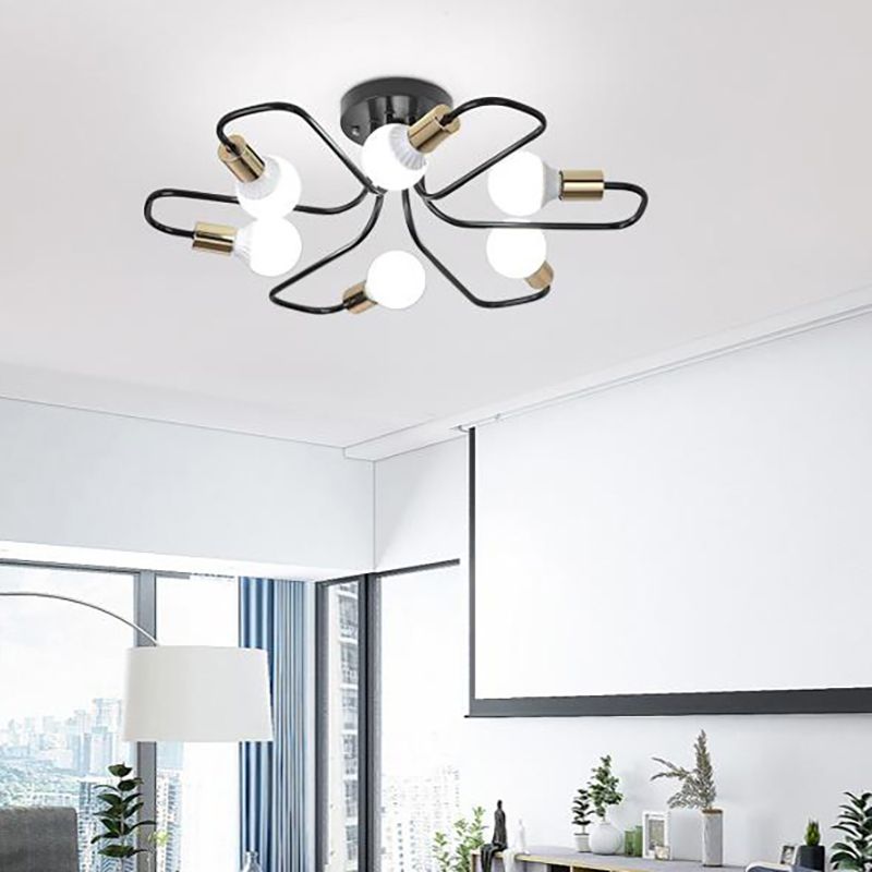 Plafonnier semi-encastré Spoutnik doré/noir/blanc contemporain à 6 lumières en métal pour chambre à coucher