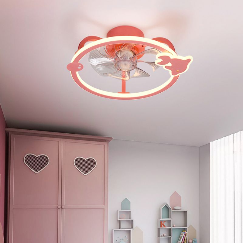 Circular Cartoon Ceiling Fan Light Fixture Children Bedroom LED Semi Flush Mount Lamp
