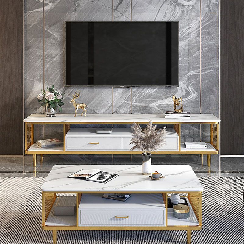 White Stone TV Stand Modern TV Media Stand with Metal Legs for Living Room