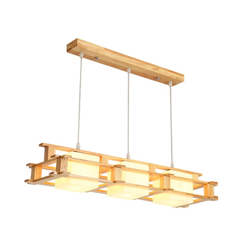 Wooden Frame Square Shade Linear Pendant 3-Light Nordic Island Light Fixture over Dining Table