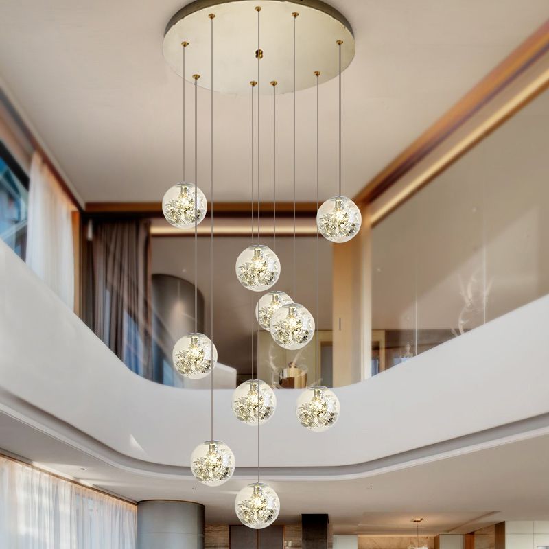 Minimalist Sphere Multi Light Chandelier Clear Glass 10-Head Stairs Pendant Lamp with Metal Flower Decor in Gold