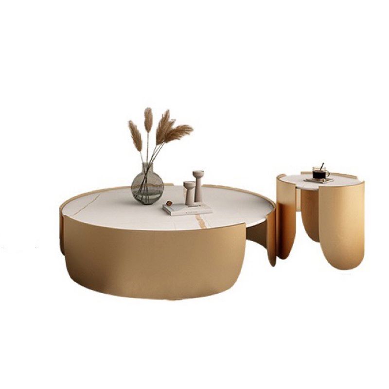 Modern Style White/black Rock Slab Top Round Metal Craft Coffee Table