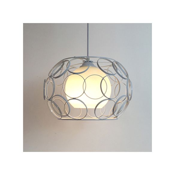 1 Light Metal Pendant Light Vintage Black/White Wire Frame Indoor Hanging Ceiling Light with Opal Glass Globe Shade