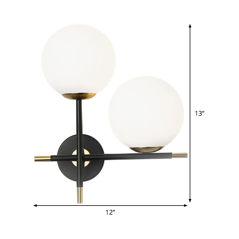 Contemporary 2 Bulbs Sconce Black Globe Wall Mounted Light Fixture with Milky Glass Shade