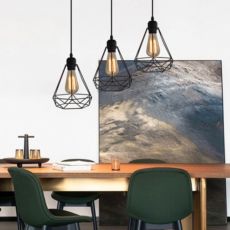 Diamond Iron Iron Cluster Accensione a sospensione Nordic Retro 1 Light Restaugh Hanging Lampada in nero