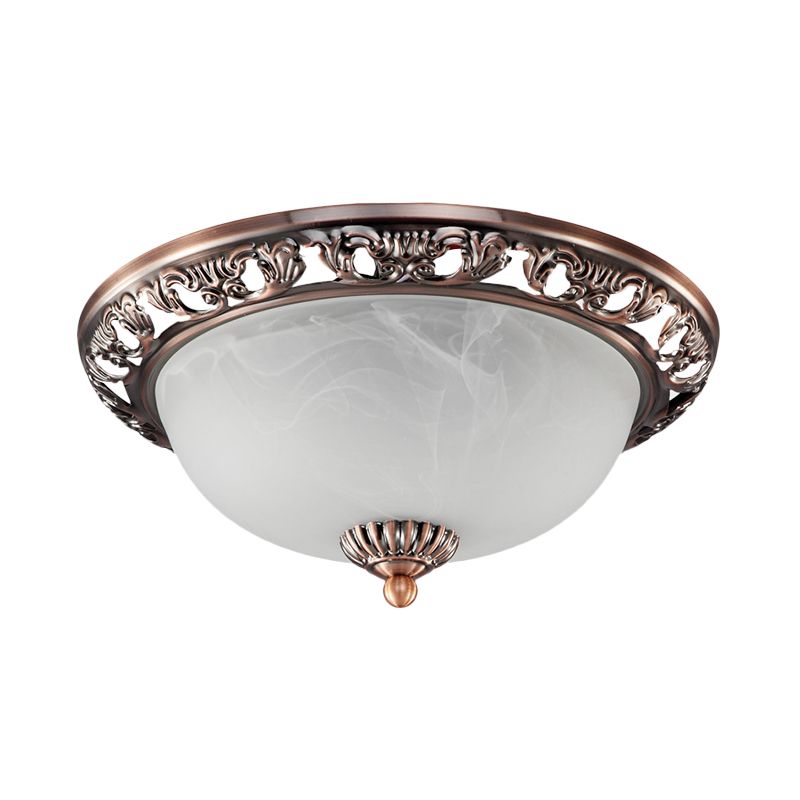 Bowl Shade Opal Glass Flush Ceiling Light Countryside 3-Head Living Room Metal Flush Mount Fixture in Bronze/Copper, 12"/16"/19.5" Wide