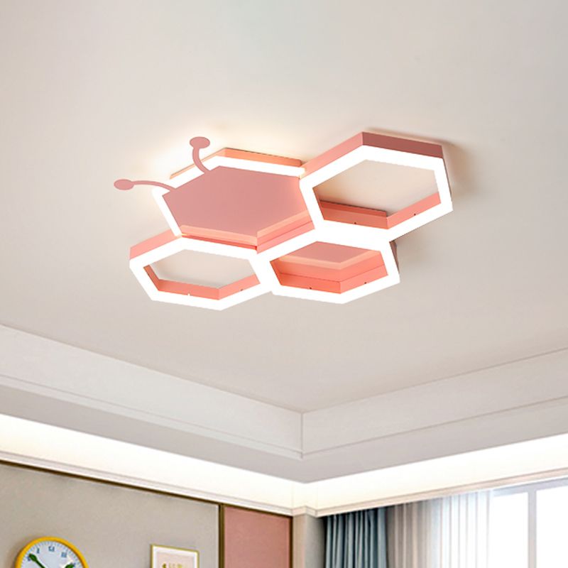 Kids Honeycomb Iron Ceiling Flush Light LED Flushmount Lighting in Pink/Black for Baby Room, Warm/White Light