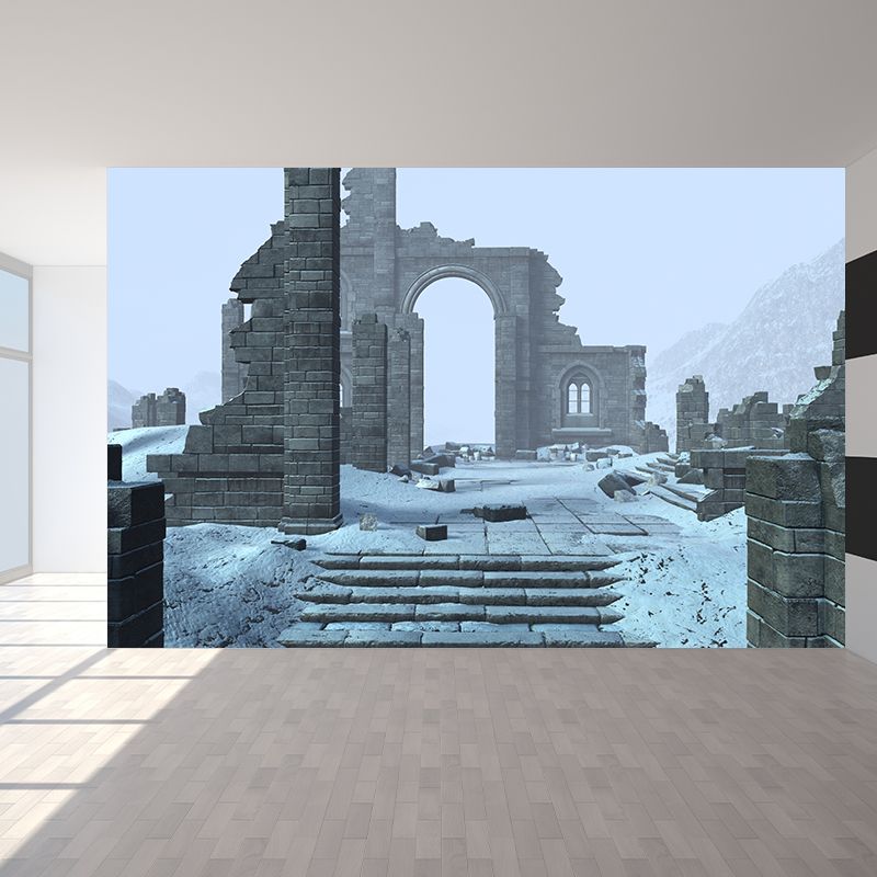 Dilapidated House Mural Decal Cadet Blue Contemporary Wall Covering for Living Room