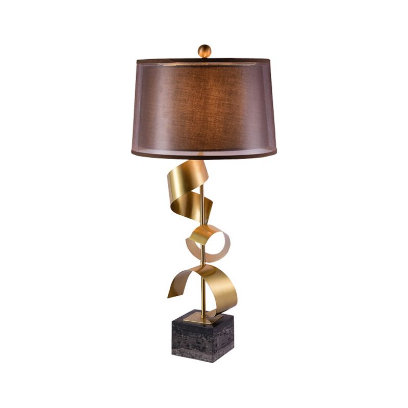Tissu tambour table support lampe moderne 1 tête brun nocturne Lumière avec décor en feuille d'or
