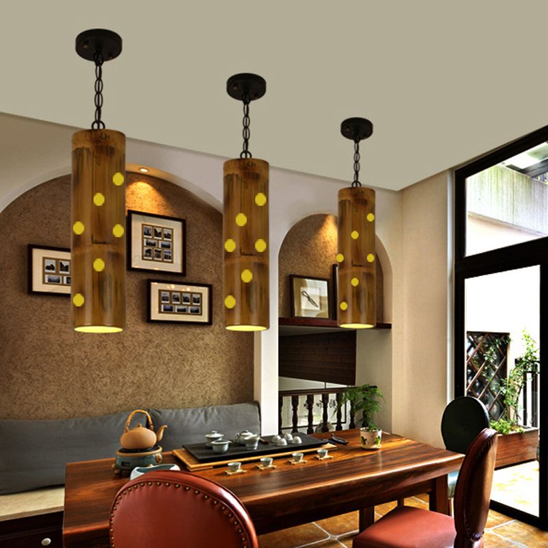 Bamboo Etched Tubular Hanging Light Kit Warehouse 1 Light Dining Room Ceiling Pendant in Brown