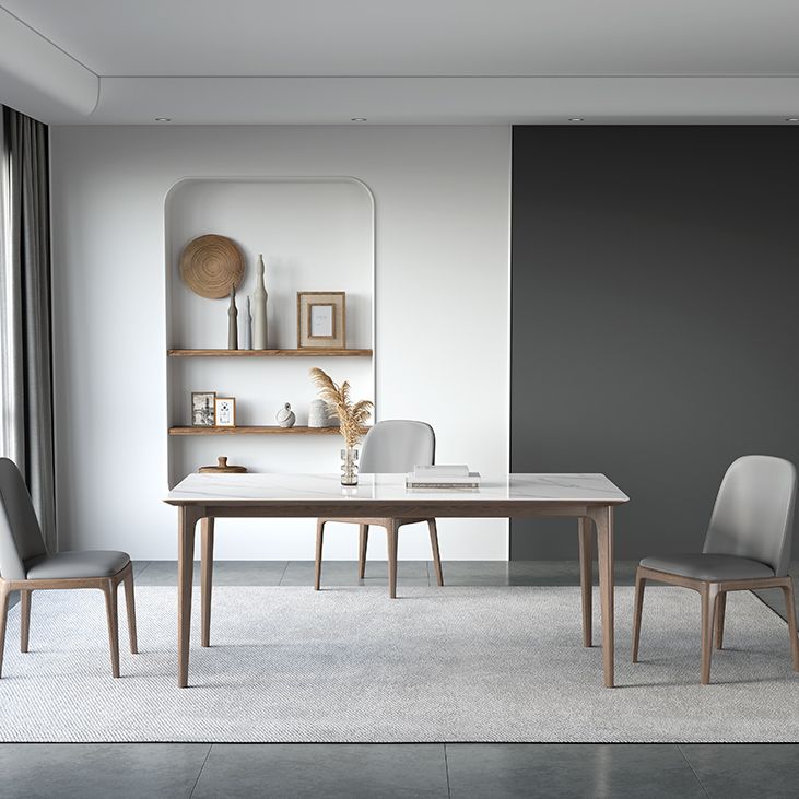 Sintered Stone Rectangle White Table Kitchen Table with Wooden Base and 4 Legs