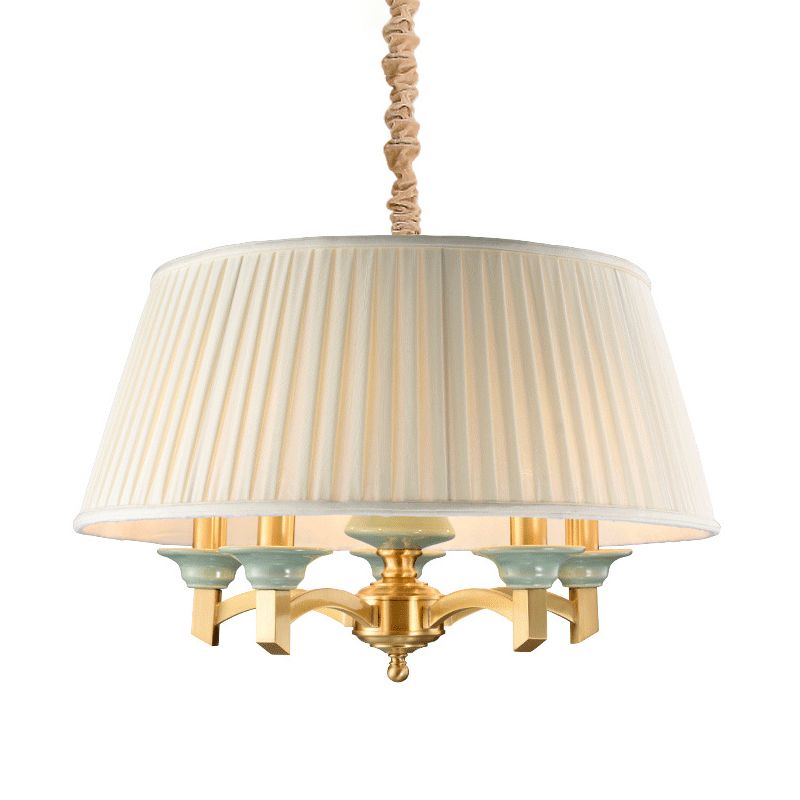 Tapered Drum Dining Room Chandelier Traditional Fabric 5-Head Brass Finish Hanging Ceiling Light
