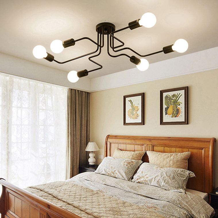 Black Bare Bulb Ceiling Lighting Retro Iron Angled Tangle Semi Flush Mount Lighting for Living Room