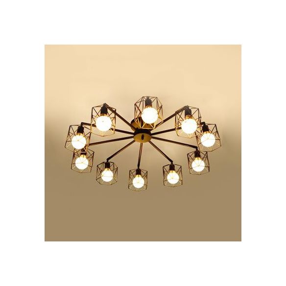 Plafonnier semi-encastré à 6/8/10 têtes avec abat-jour à cage hexagonale en métal de style vintage pour salon près du plafonnier en noir