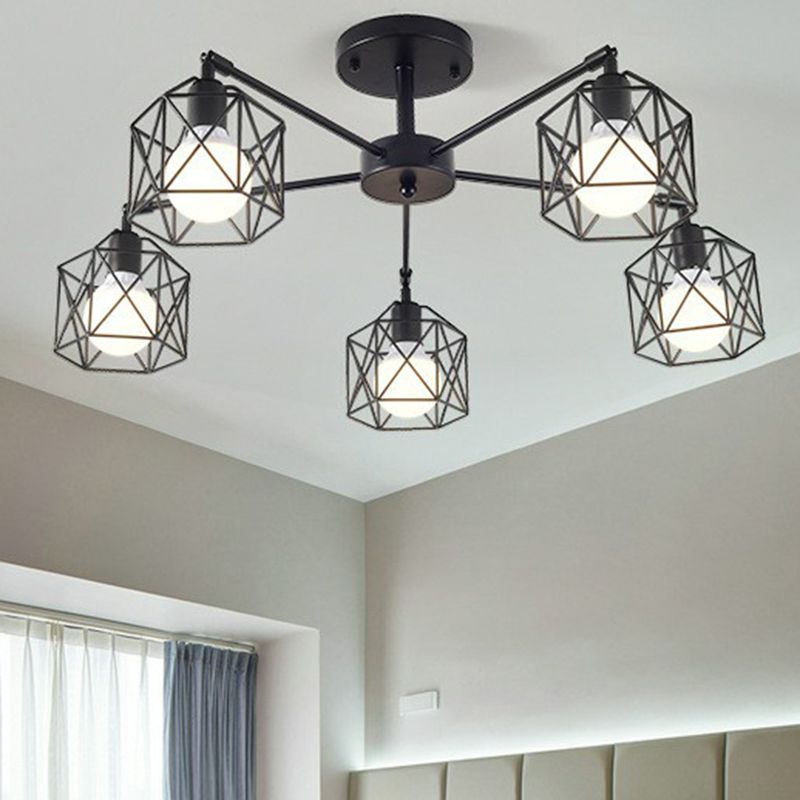 Plafonnier encastré industriel pour salon avec cage hexagonale en fer noir