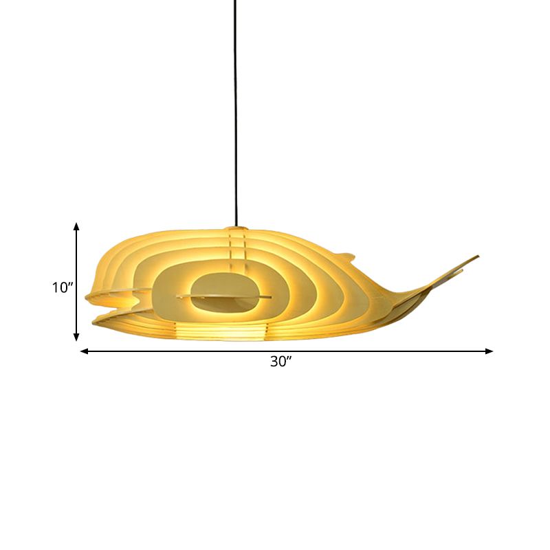 Japanese Style Whale Drop Pendant Wood 1 Head Sushi Restaurant Hanging Lamp Kit in Beige