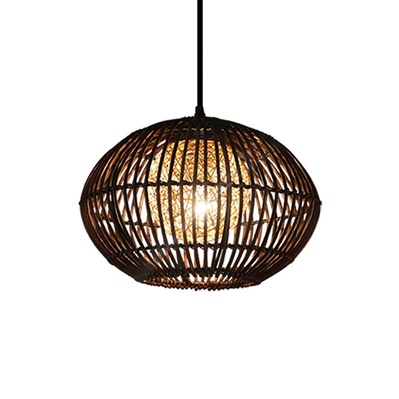 Spherical Cage Dining Room Ceiling Lamp Bamboo 1 Head Loft Style Hanging Pendant Light in Beige, 16"/21.5" Wide