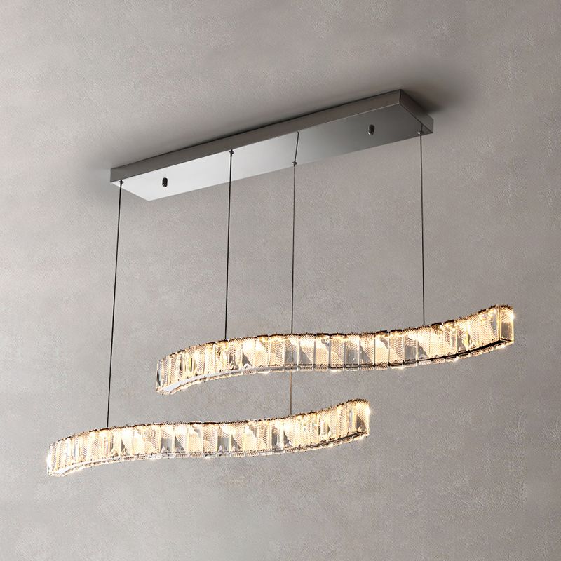 2 Light Linear Island Lights Modernism Crystal Island Light Fixtures in Silver Finish