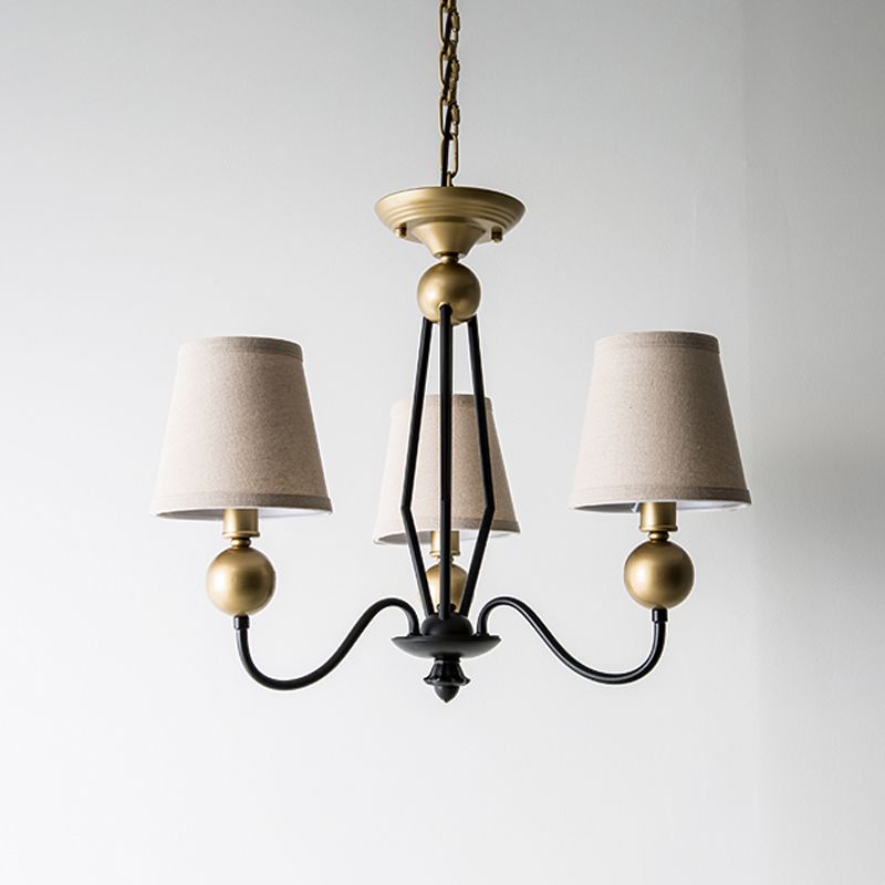 Rural Curvy Arm Hanging Pendant Light 3/6-Head Fabric Chandelier in Black with Cone Fabric Shade