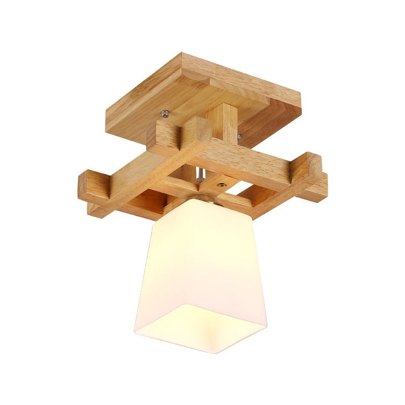 Trapezoidaler Gang Deckenlampe Opalglas 1-Licht Nordic Style Semi Flush Mount Light in warmem/weißem Licht mit Holzoberteil