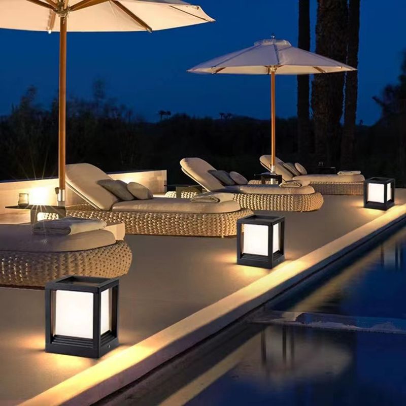 Metal Rectangular Shape Outdoor Lights Modern 1 Light Waterproof Pillar Lamp in Black