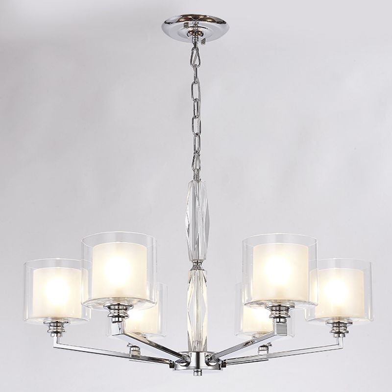 Chrome Metal Radial Pendant Light Modern Cylindrical Clear Glass Shade Bedroom Chandelier Lighting