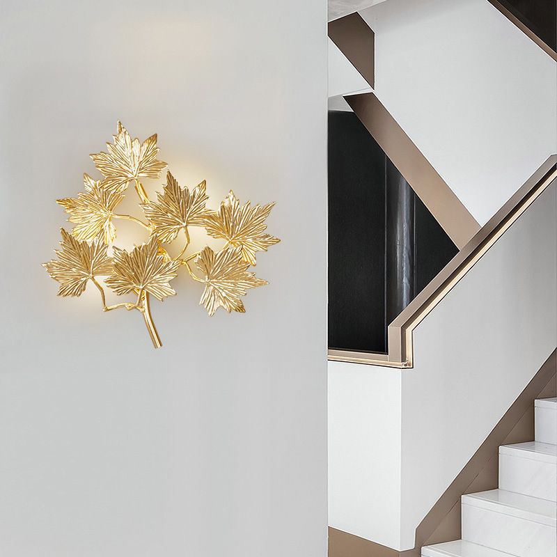 Gold 3 Lights Wall Mount Lamp Contemporary Style Aluminum Maple Leaf Sconce Light Fixture for Stairway
