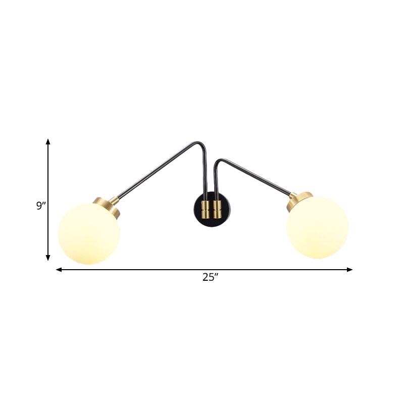 Schuine arm bedmuurmontage licht hand geblazen melkglas 2 bollen minimalisme sconce ideeën in zwart