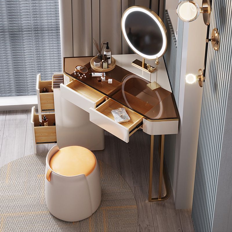 Mirrored Vanity Table and Stool Set 4 Drawers Glass Top Vanity Desk
