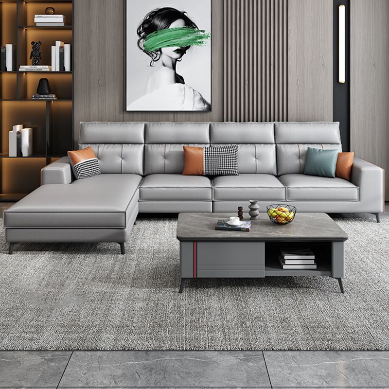 Modern 5-seat Faux Leather Sectional Square Arm Sectional with 4 Pillows