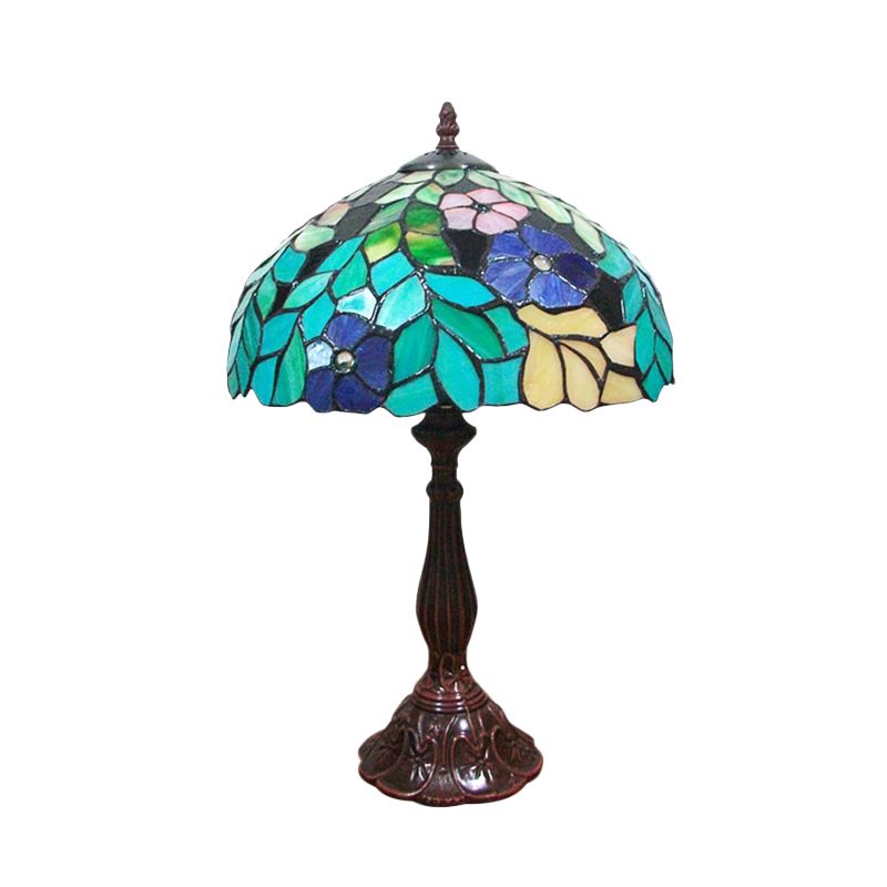 Stained Glass Coffee Nightstand Lamp Bowl Shape 1-Head Victorian Leaf and Petal Patterned Night Table Light