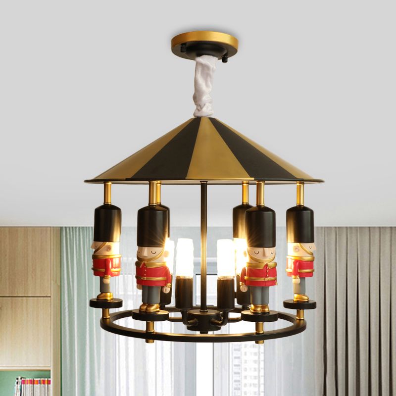 Merry-Go-Round Soldier Chandelier Kids Style Resin 5-Head Black/Blue Hanging Light Fixture