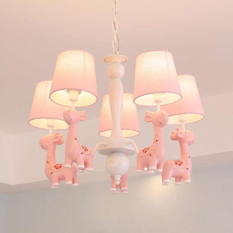 Sika Deer Hanging Ceiling Light Cartoon Resin Chandelier with Tapered Fabric Shade