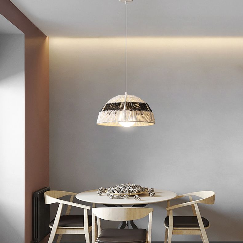 Single Light Dome Suspended Light Asian Style Rattan Decorative Lighting Fixture in Wood