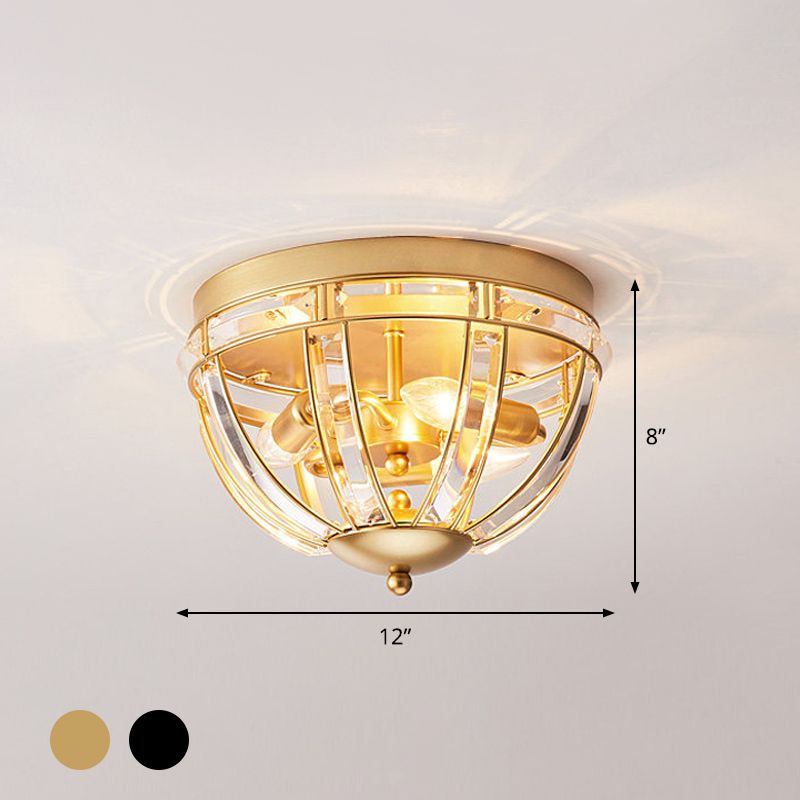Dome Corridor Ceiling Fixture Rectangle-Cut Crystal 3 Bulbs Simplicity Flush Mount Light in Black/Gold