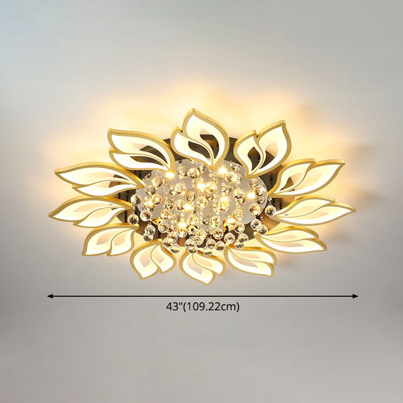 Gold Finish Flower Ceiling Lighting Contemporary LED Metal Semi Flush Mount with Crystal Ball