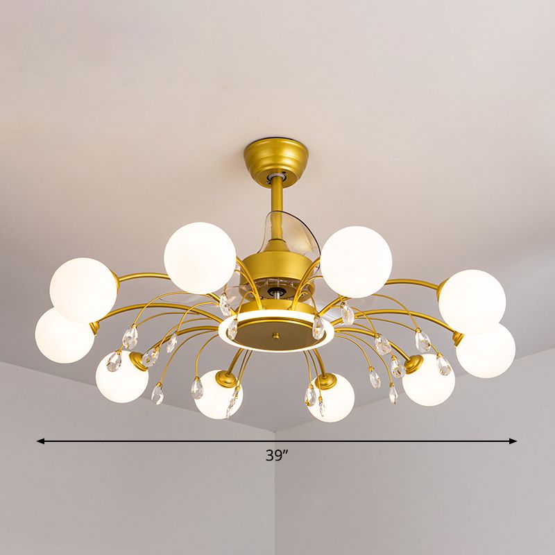 3 Blades Ball Wohnzimmer Anhänger Lüfter Leicht weißes Glas Postmoderne Fernbedienung Halbblütiglicht mit K9 -Kristallen