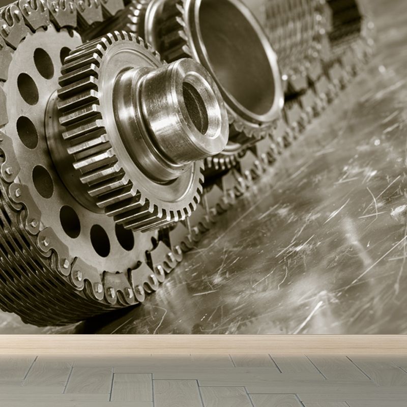 Contemporary Metal Gear Wall Mural Non-Woven Textured Stain-Proofing Dark Color Wall Art for Room