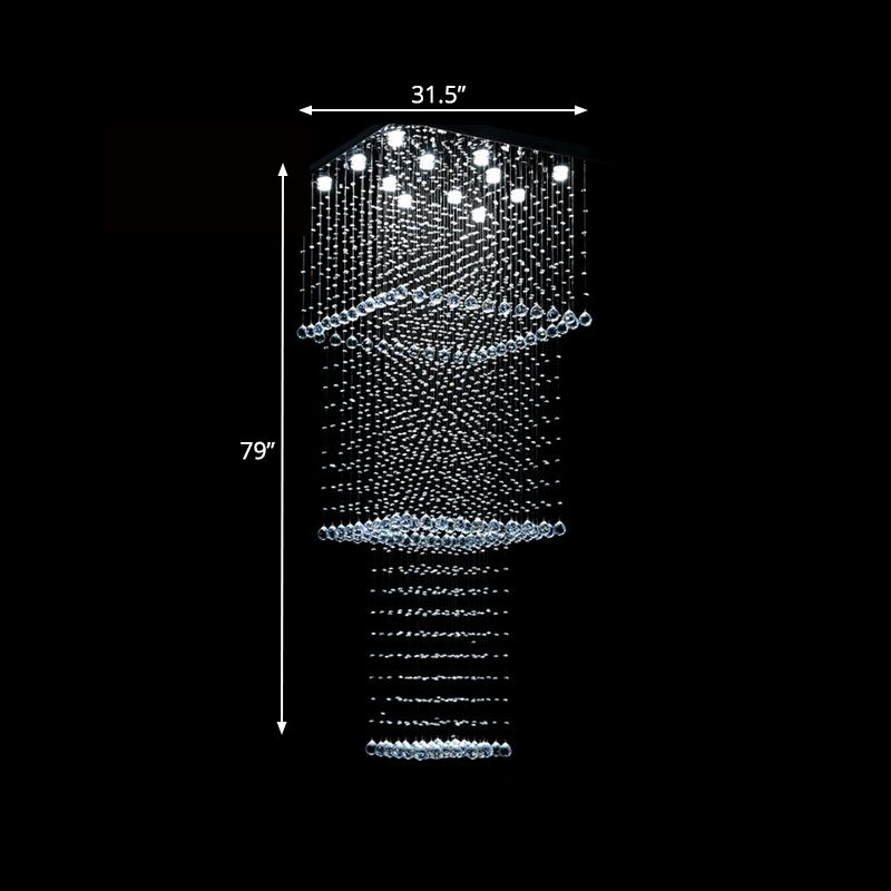 Silver 13-Head LED Hanging Light Modernism Crystal Square Multi Pendant Light Fixture