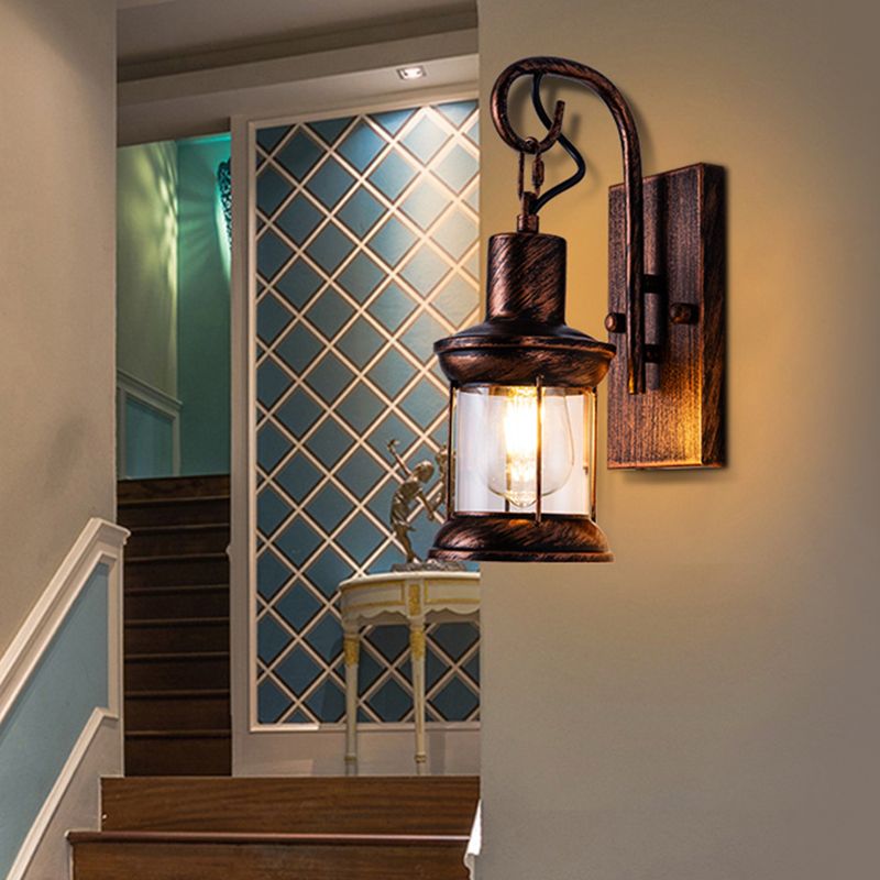 Iron Lantern Wall Light Retro Style Single-Bulb Restaurant Wall Lighting Fixture in Bronze
