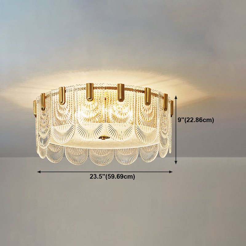 Gold Metal Flush Mount Light Armaturen Traditionele Drum Slaapkamer Flush Plafond Lampen met Glas Shade