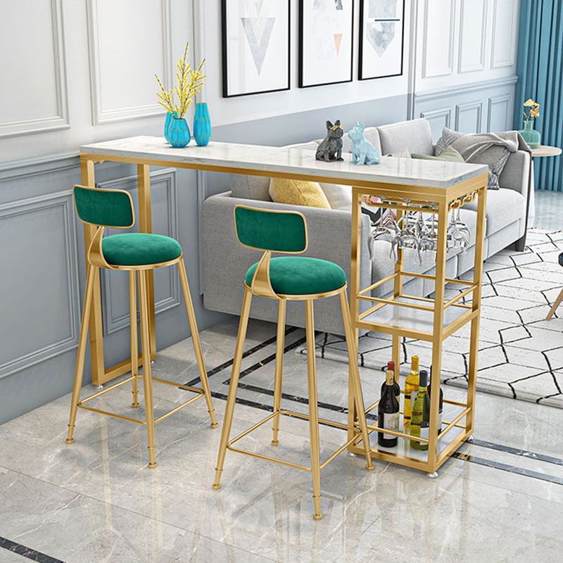 Glam White Marble Bar Dining Table Iron Double Pedestal Bistro Table with Shelve