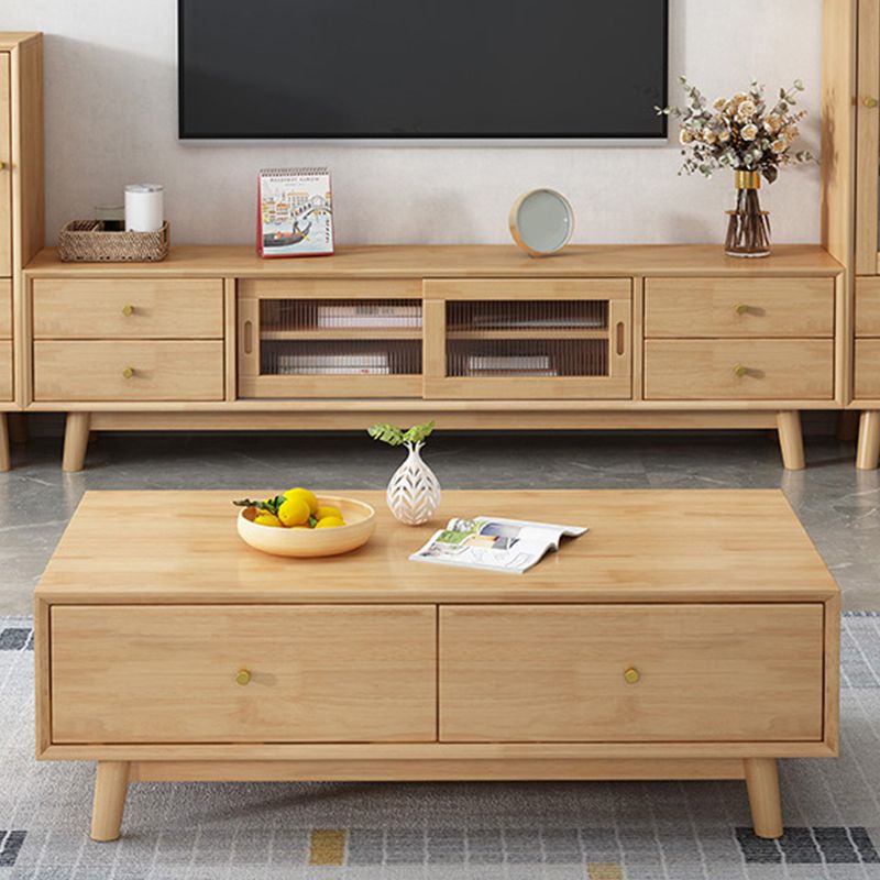 Wooden Coffee Table with 2 Drawers and 4 Wooden Legs in Brone for Living Room