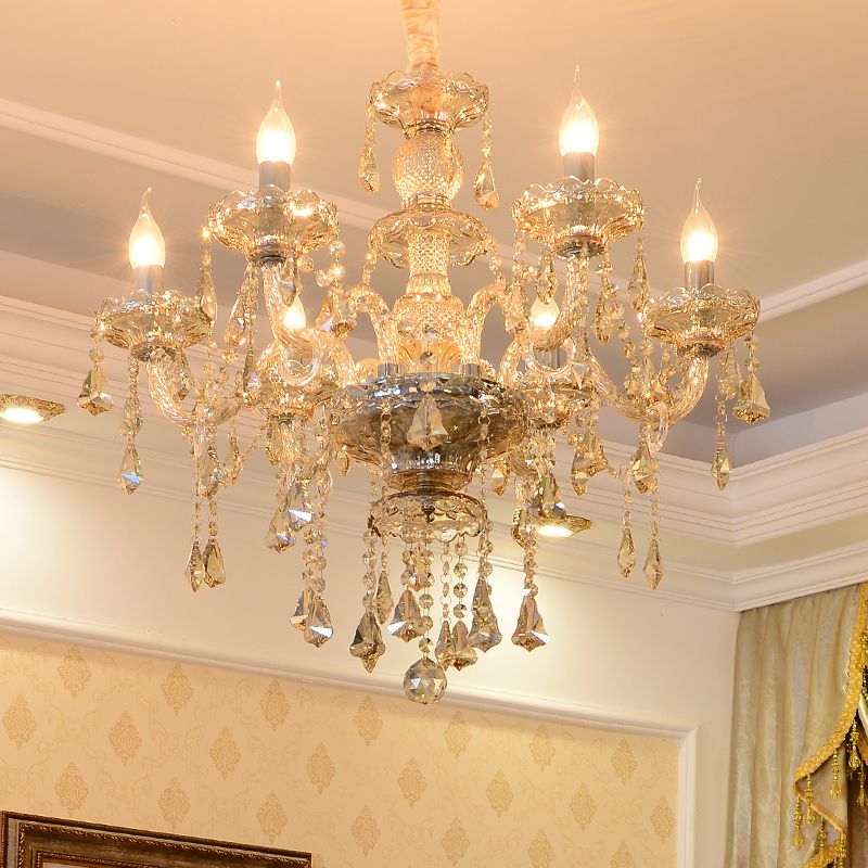 Gold Candle Pendant Light in Traditional Classic Style Glass Chandelier with Crystal Decoration