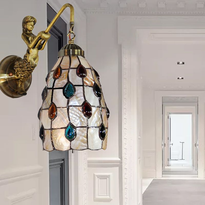 Elongated Wall Mount Light Fixture Tiffany Shell 1 Head Beige Sconce Light with Mermaid Backplate