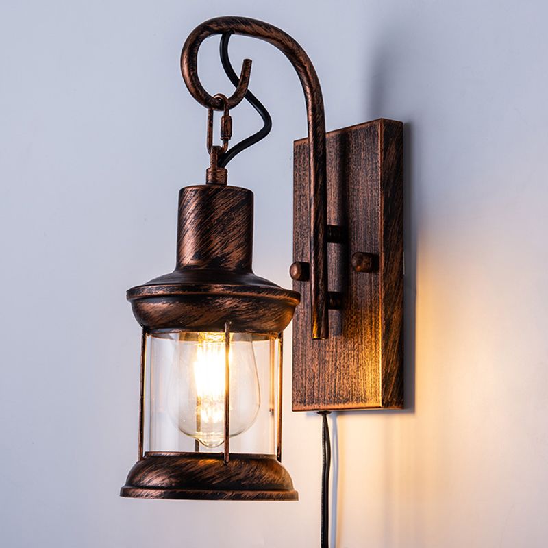 Iron Lantern Wall Light Retro Style Single-Bulb Restaurant Wall Lighting Fixture in Bronze